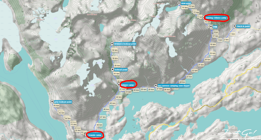 智利 - 百內國家公園W健行自助路線地圖